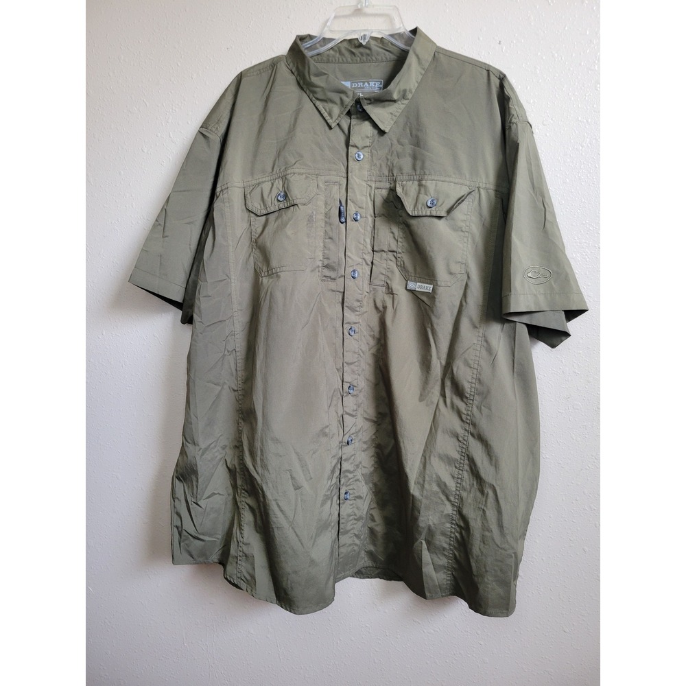 Drake Waterfowl Mens 2XL Olive Green Short Sleeve Vented Fishing Hunting Shirt